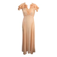 Peach Silk Chiffon Art Deco Pleated Edge Trimmed Gown