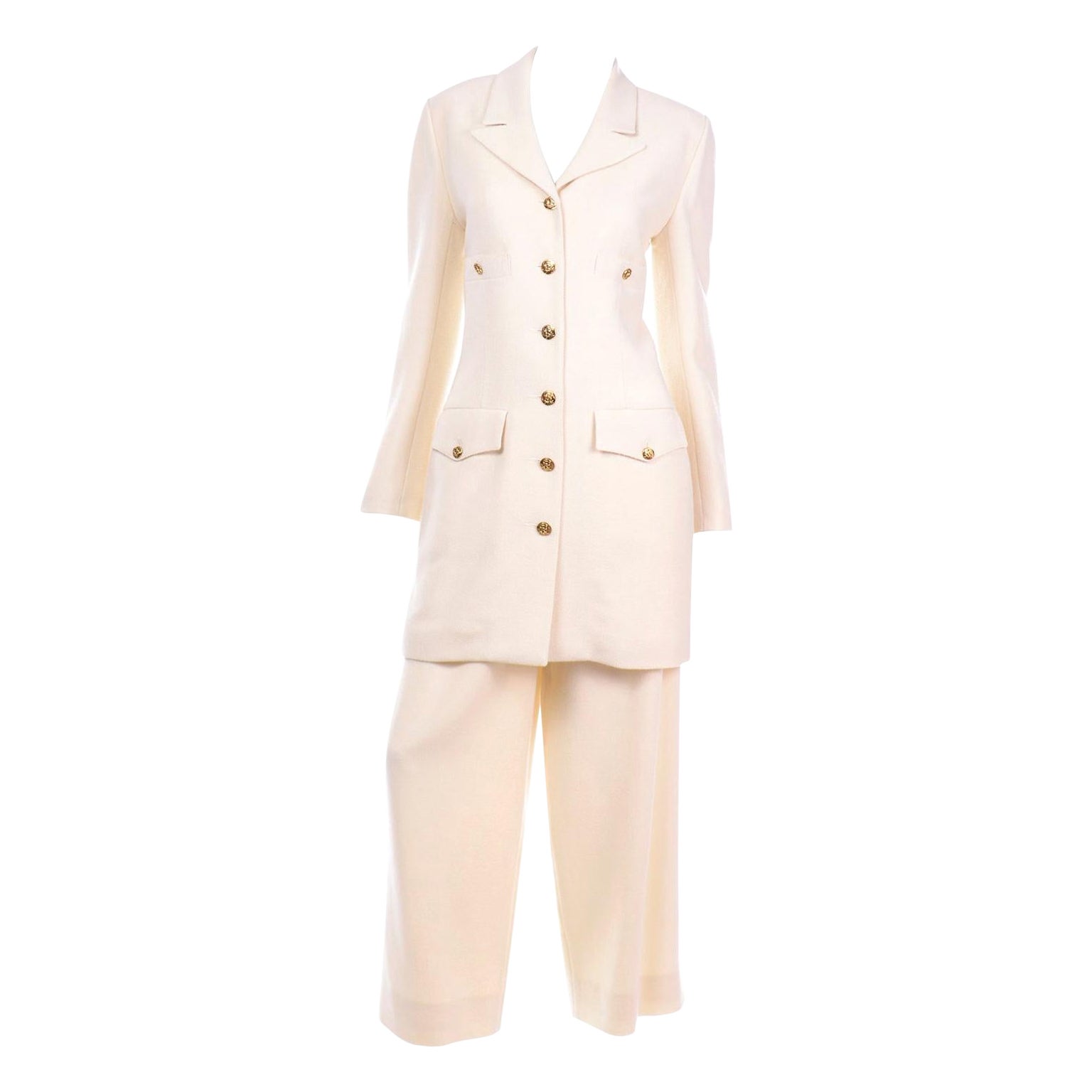 Sonia Rykiel Cream Trouser Suit W Longline Jacket & High Waisted Pants