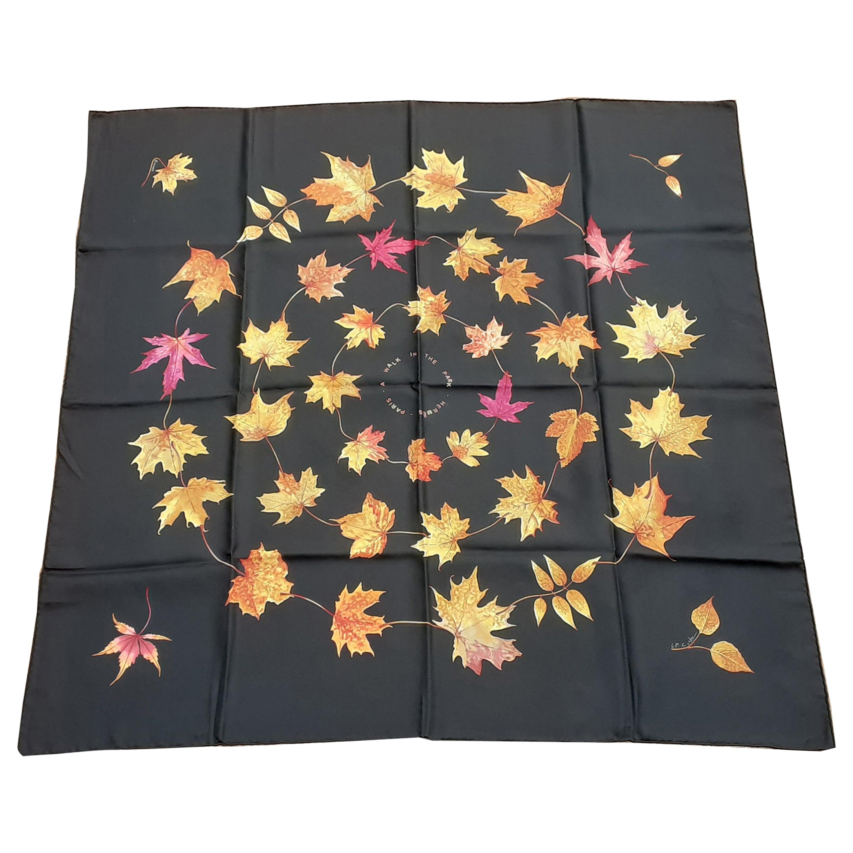 Hermès Silk Scarf A Walk In the Park Leigh P Cooke Leaves Black 90 cm  For Sale