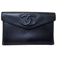 Vintage CHANEL black caviarskin wallet, bill, card, checkbook case, mini purse