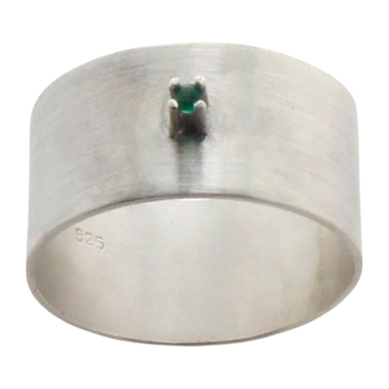 Emerald Sterling Silver Wide Ring  For Sale