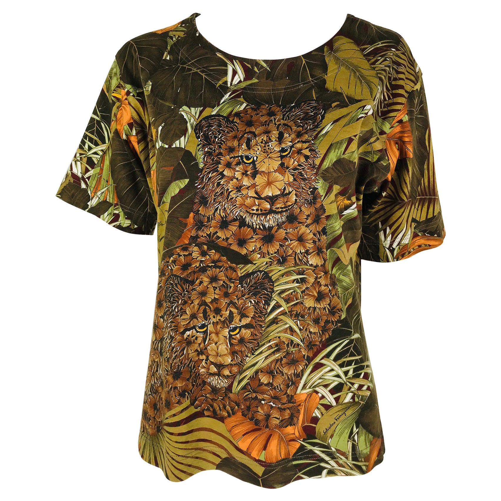 Salvatore Ferragamo Jungle Cats Cotton Knit Short Sleeve Shirt 