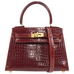 Vintage HERMES Kelly 20 Red Burgundy Porosus Crocodile Exotic Leather Gold Tote Bag 