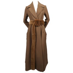 unworn 2014 CELINE fitted camel wool gabardine runway coat with mink fur belt