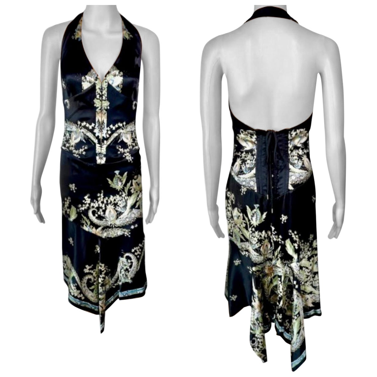 Roberto Cavalli S/S 2003 Corset Lace Up Chinoiserie Print Silk Asymmetric Dress For Sale