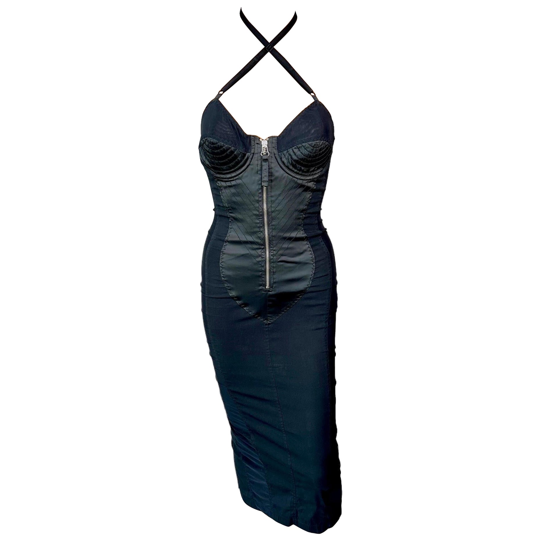 Jean Paul Gaultier 1990's Vintage Cone Bra Corset Bondage Black Evening Dress For Sale