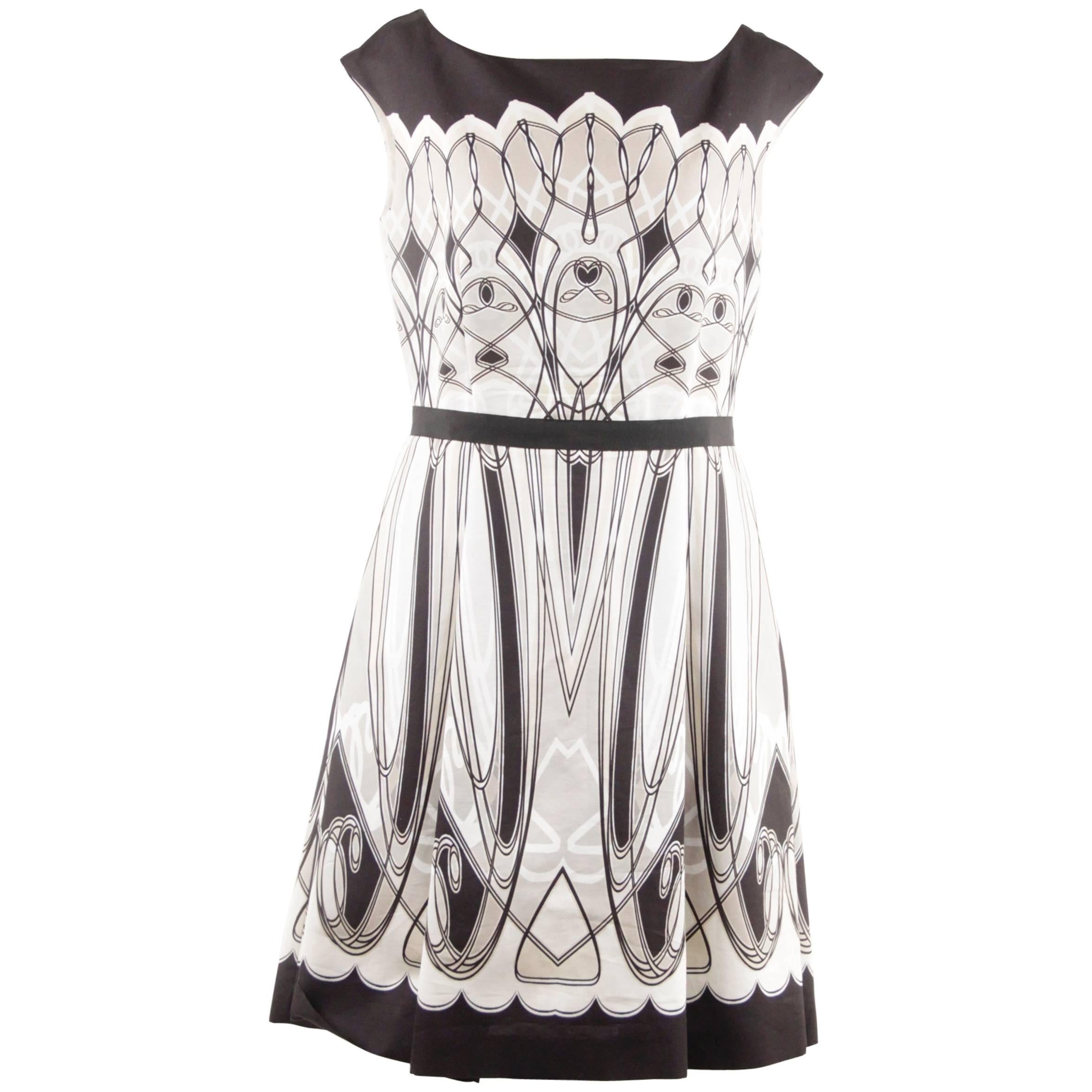 BLUMARINE Black White Beige ART DECO Print FIT & FLARE DRESS