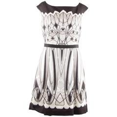 BLUMARINE Black White Beige ART DECO Print FIT & FLARE DRESS 1