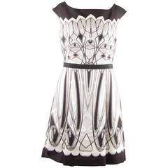 BLUMARINE Black White Beige ART DECO Print FIT & FLARE DRESS