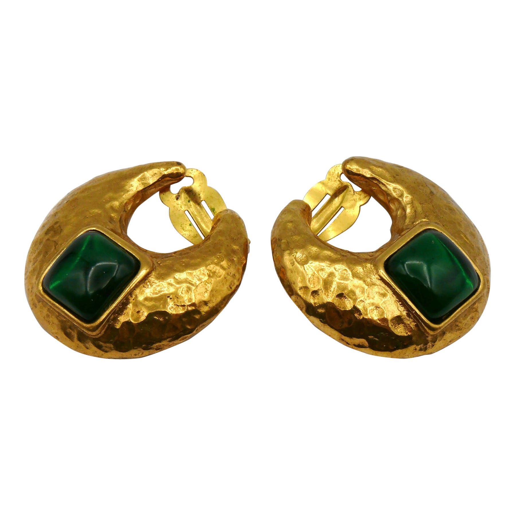 YVES SAINT LAURENT YSL Vintage Gold Tone Crescent Green Resin Clip-On Earrings