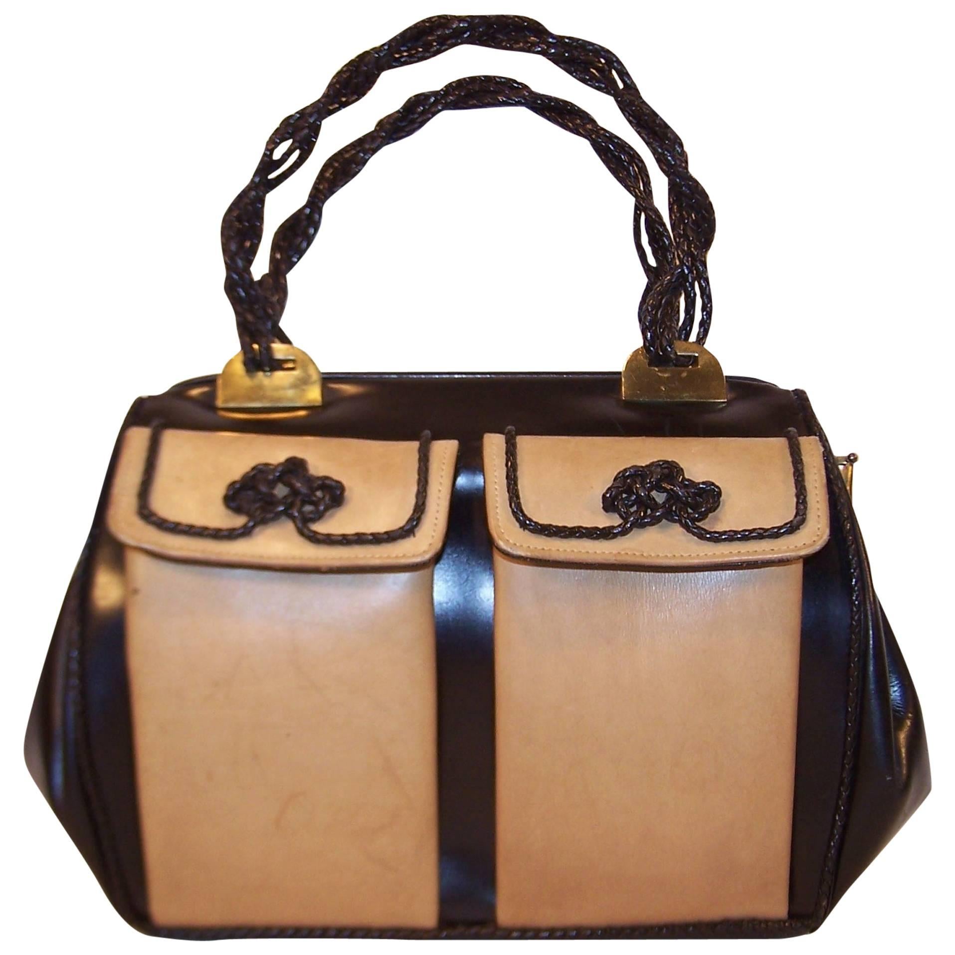 C.1960 Roberta di Camerino Full Leather Two Tone Satchel Handbag