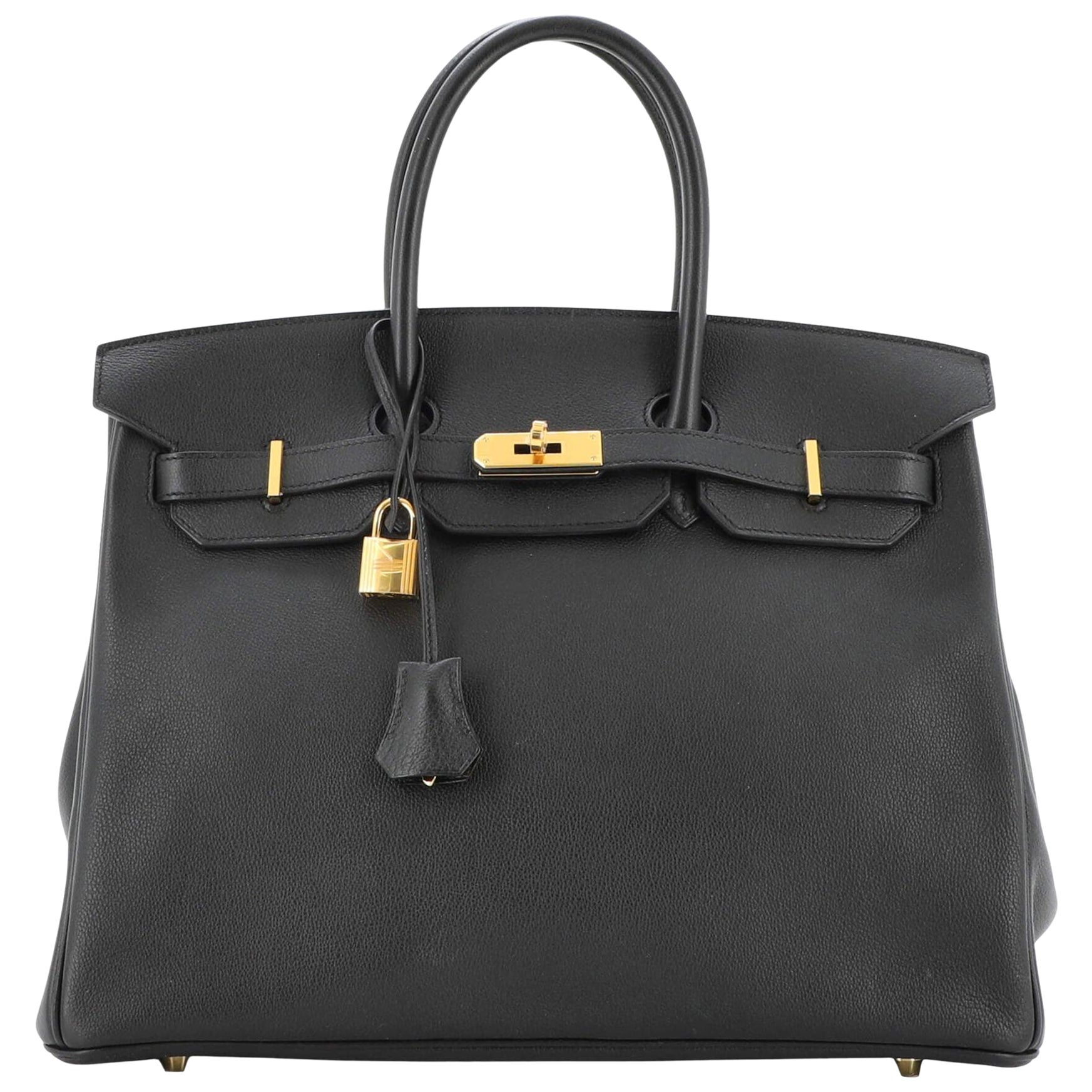Hermes Birkin Handbag Noir Evergrain with Gold Hardware 35 For Sale