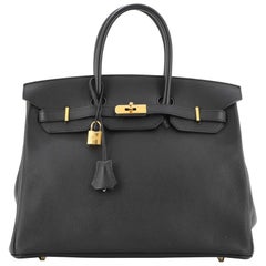 Hermès Birkin Handtasche Noir Evergrain mit Goldbeschlägen 35