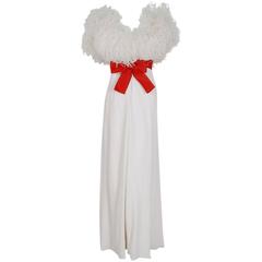 Retro 1972 Valentino Haute-Couture White Crepe & Ostrich Feathers Empire Formal Gown