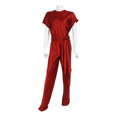 Vintage 1970's Halston Couture Burgundy Red Silk Satin Belted Jumpsuit Pantsuit