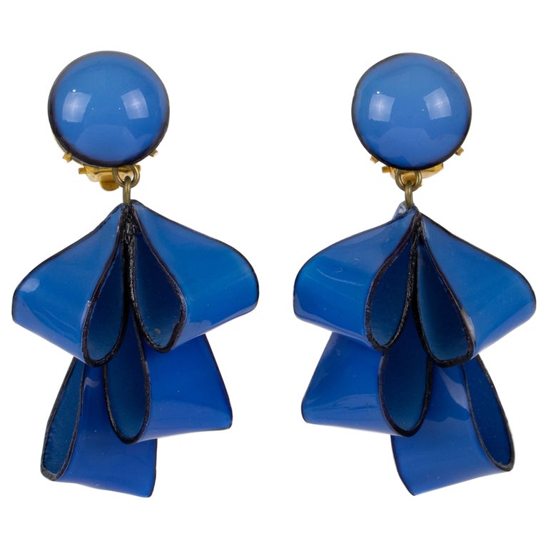 Jean Louis Scherrer Paris Pair of Clip Earrings Blue Poured Glass