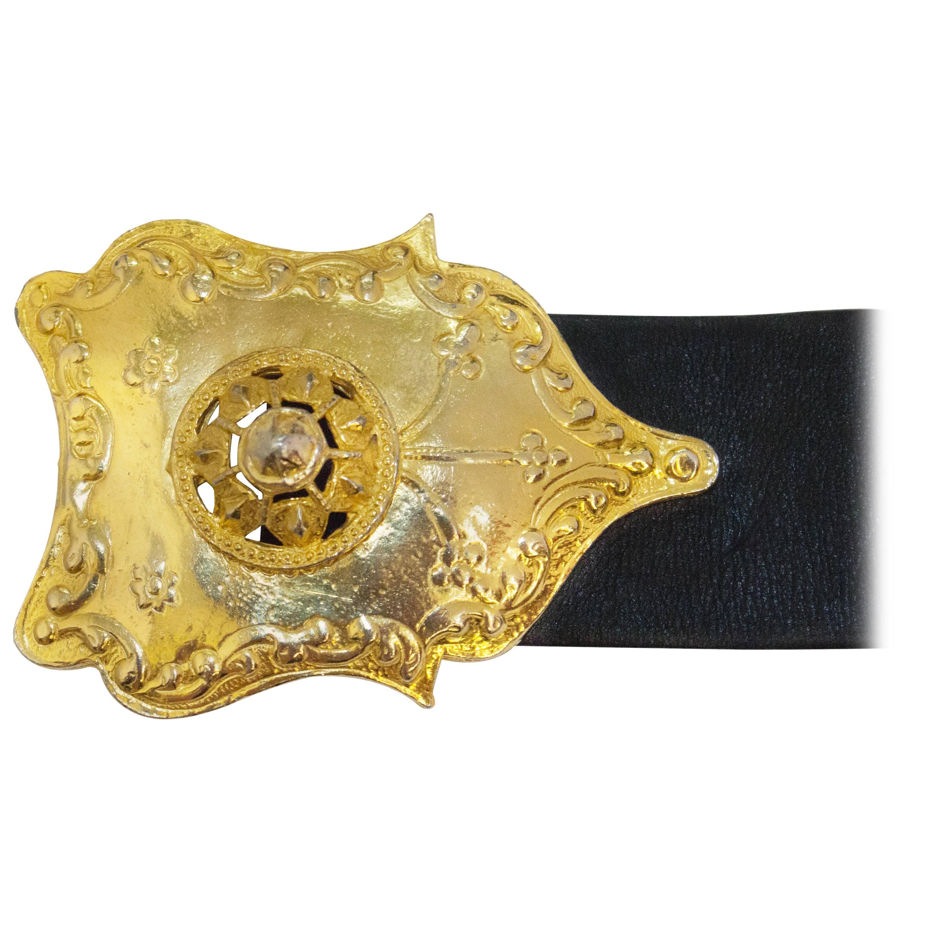 70s Alexis Kirk Black Leather Belt with Exotic Gold Buckle