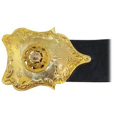 70s Alexis Kirk Black Leather Belt with Exotic Gold Buckle 11