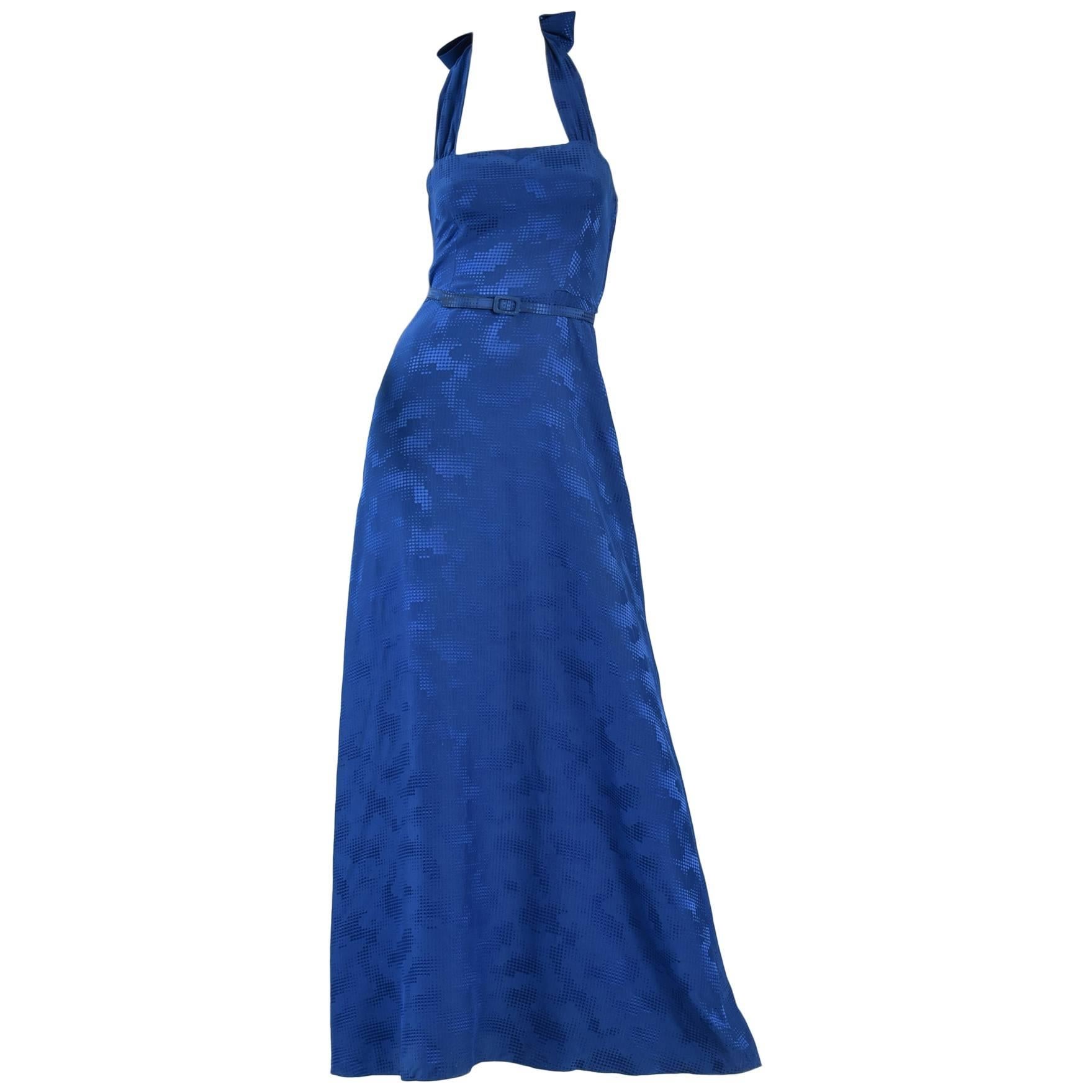 Lovely Lapis Blue Silk Gown With Halter Neckline For Sale