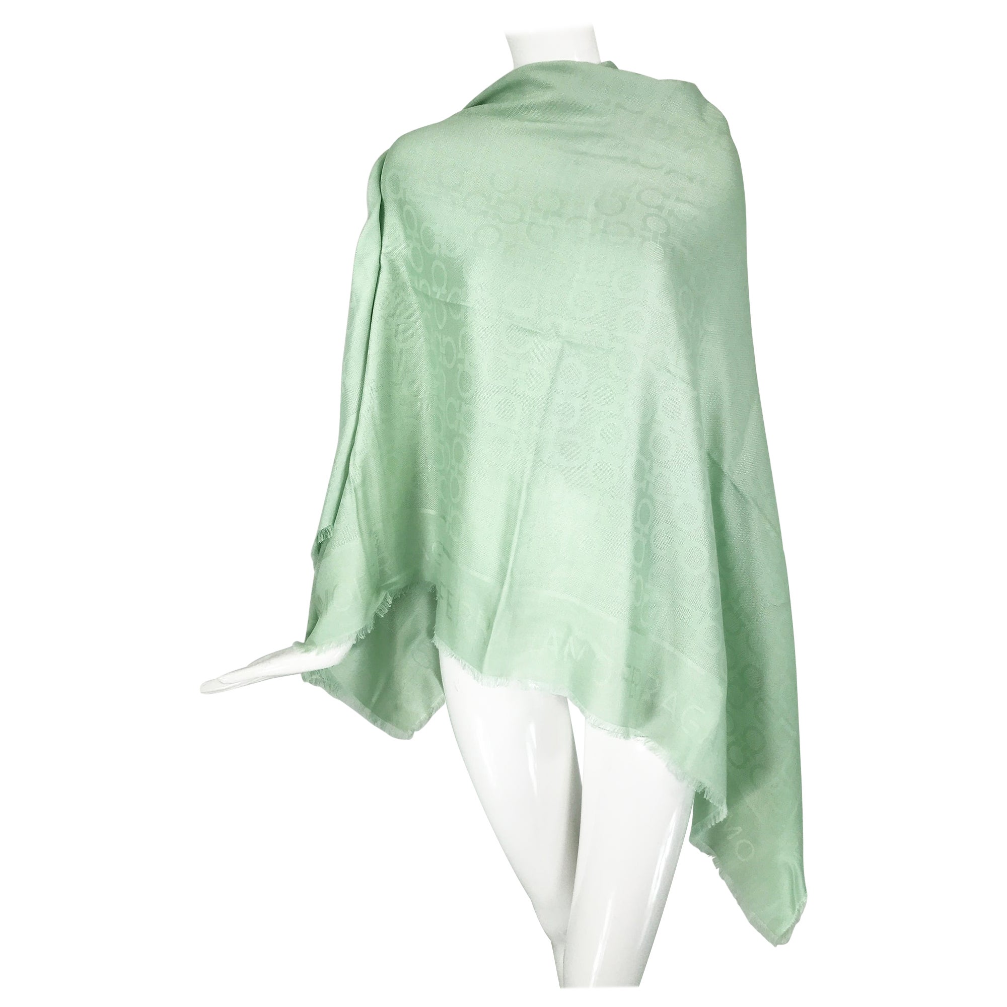 Salvatore Ferragamo Mint Green Silk & Wool Jacquard Shawl With Self Fringe For Sale