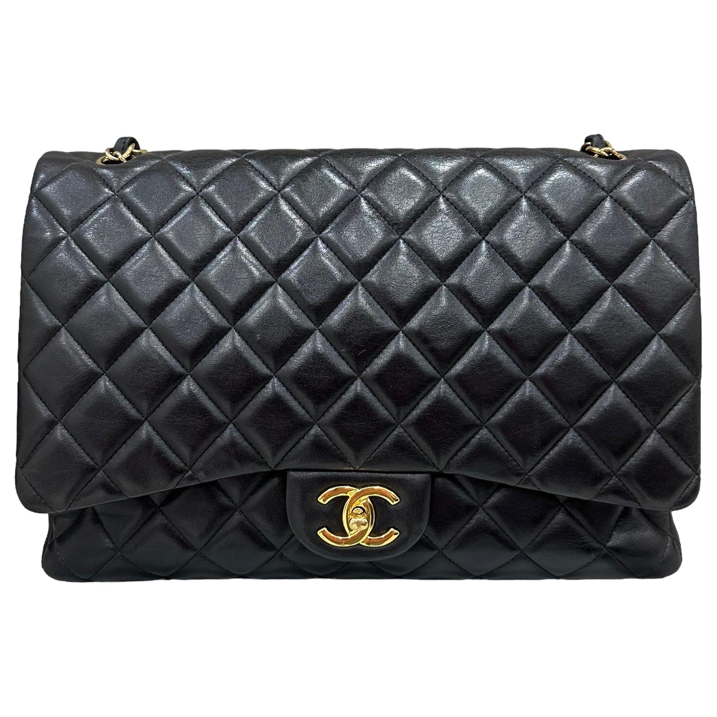 2011 Chanel Timeless Maxi Jumbo Black Leather Top Shoulder Bag For Sale