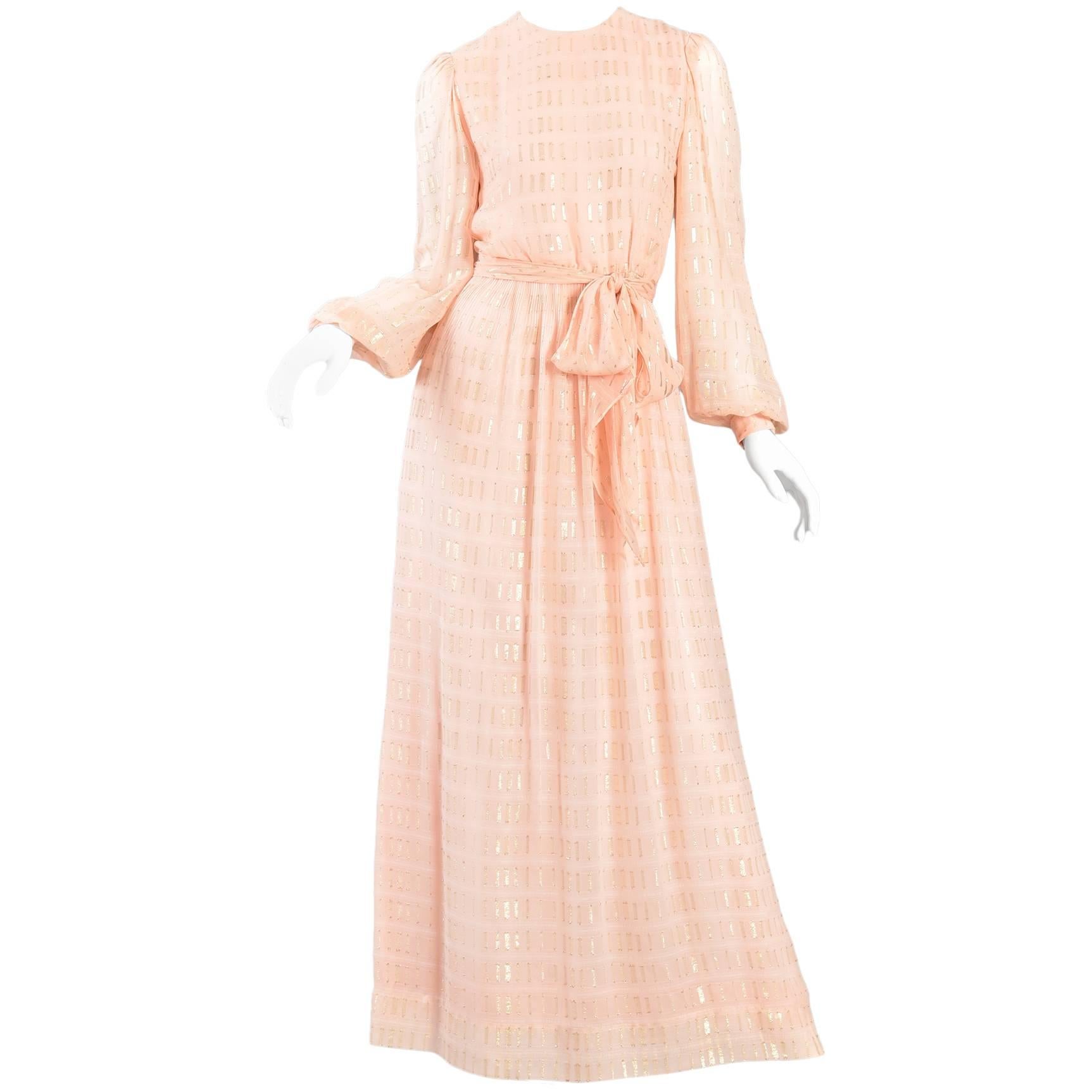 1960s Nat Kaplan Couture Peach Silk Dress with Gold Lurex Threads Throughout For Sale