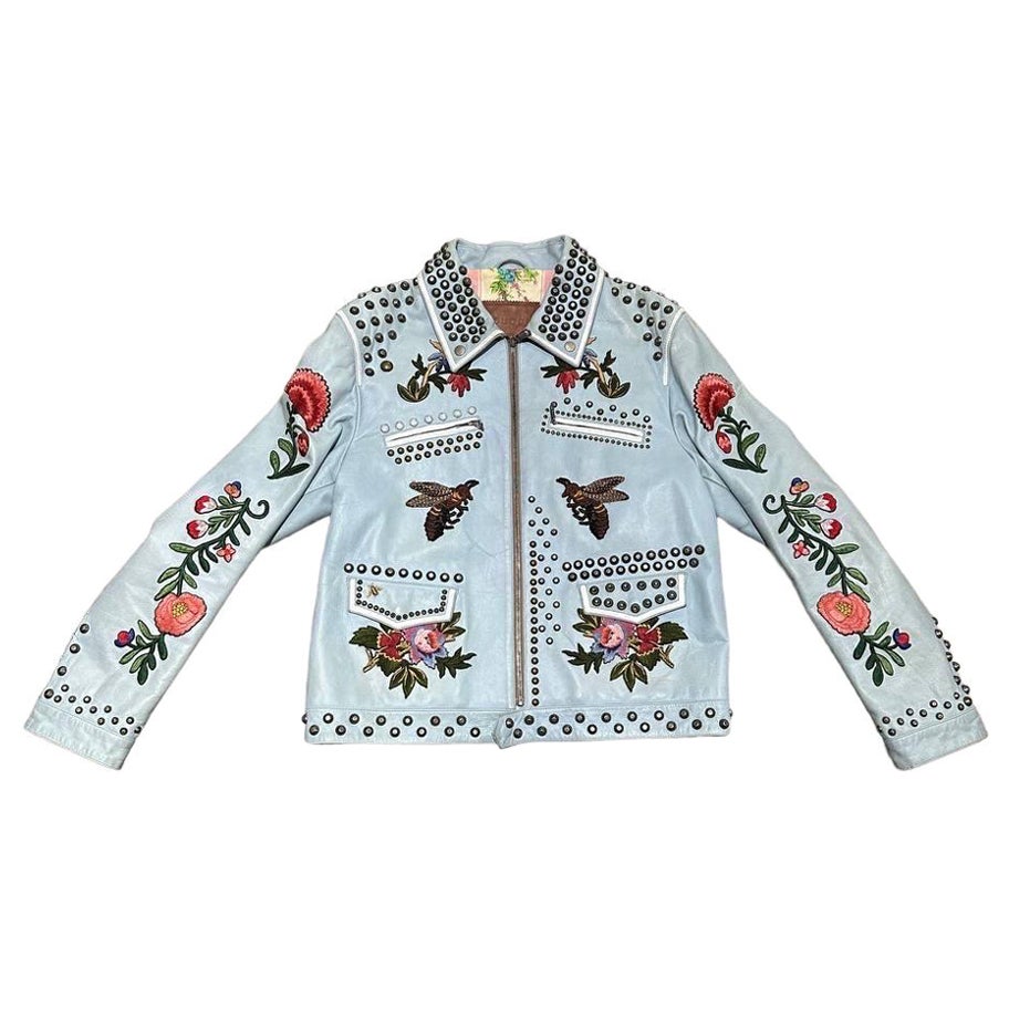 Gucci Leather Jacket Light Blue Floreal Embroidery For Sale