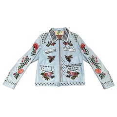Gucci Leather Jacket Light Blue Floreal Embroidery