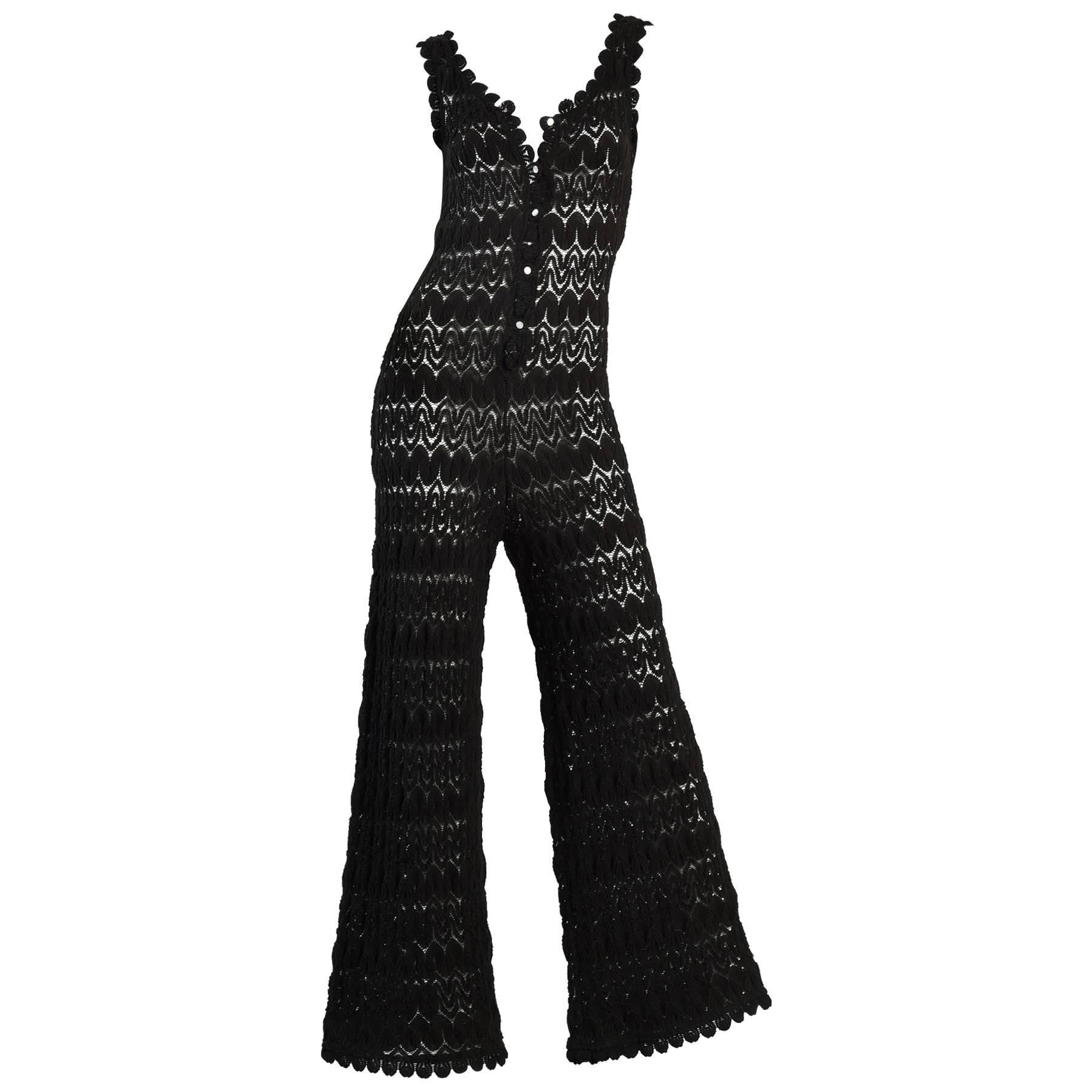 1960s Black Crochet Jumpsuit With Bell Bottoms