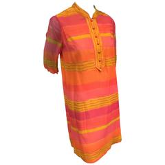 1960s Vibrant Stripe Silk Chiffon Tunic Dress in Orange, Gold and Fuchsia 2