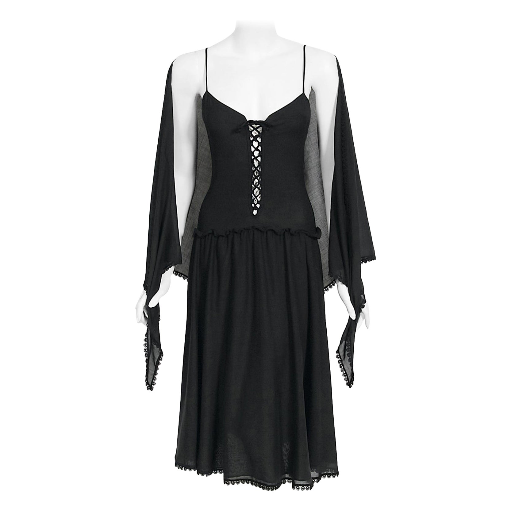 Vintage 1977 Sant Angelo Documented Black Jersey Lace-Up Bodysuit Dress & Shawl en vente