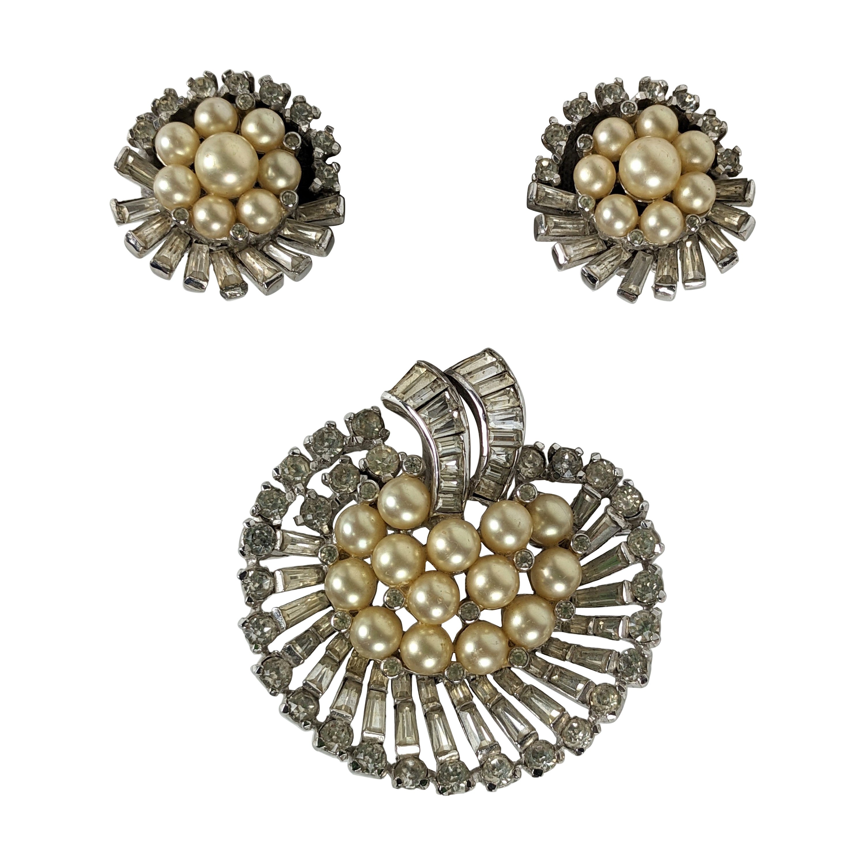 Jomaz Pearl and Pave Baguette Brooch and Earrings For Sale