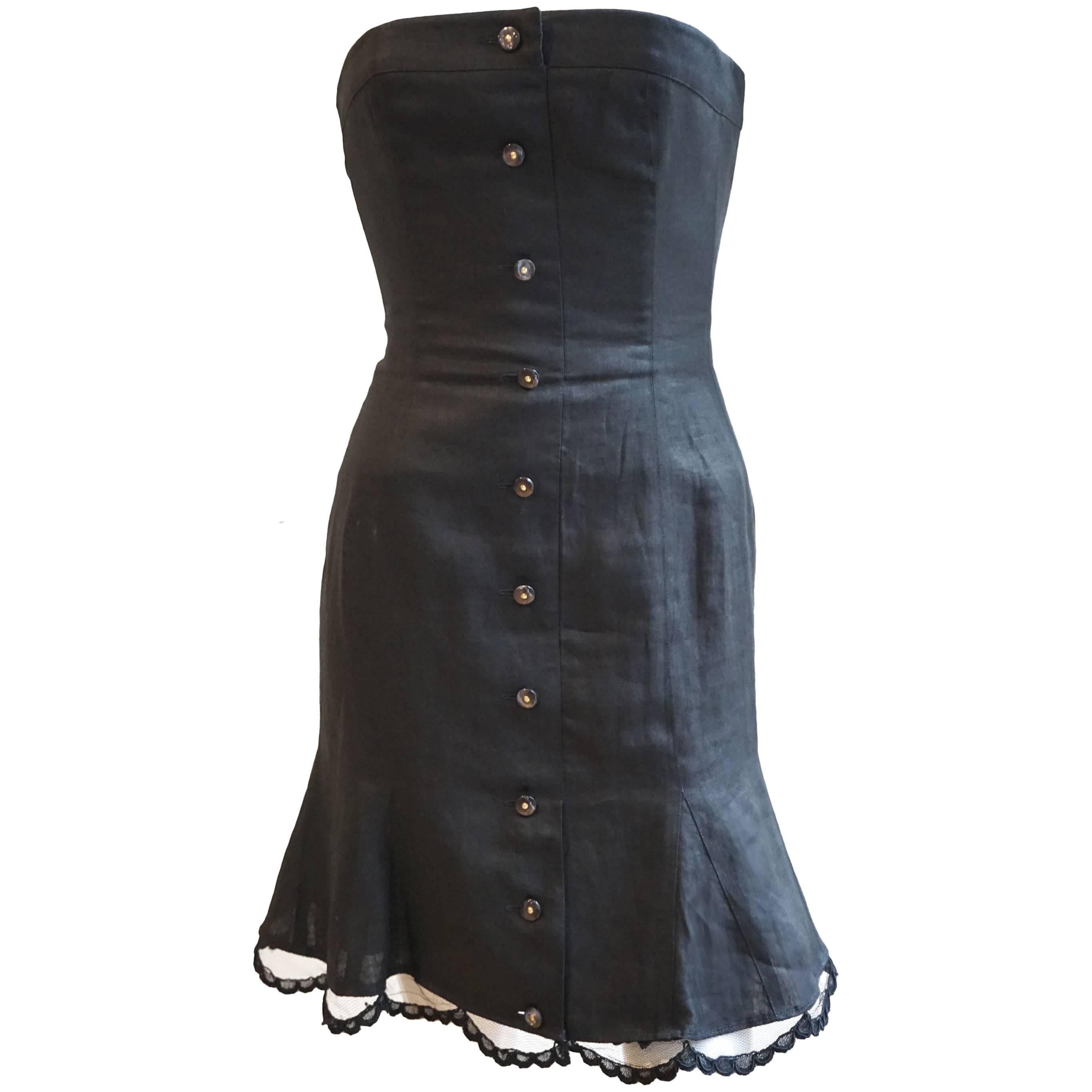KARL LAGERFELD Black Linen Strapless Cocktail Dress with Scallop Hem  For Sale
