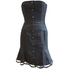 KARL LAGERFELD Black Linen Strapless Cocktail Dress with Scallop Hem 