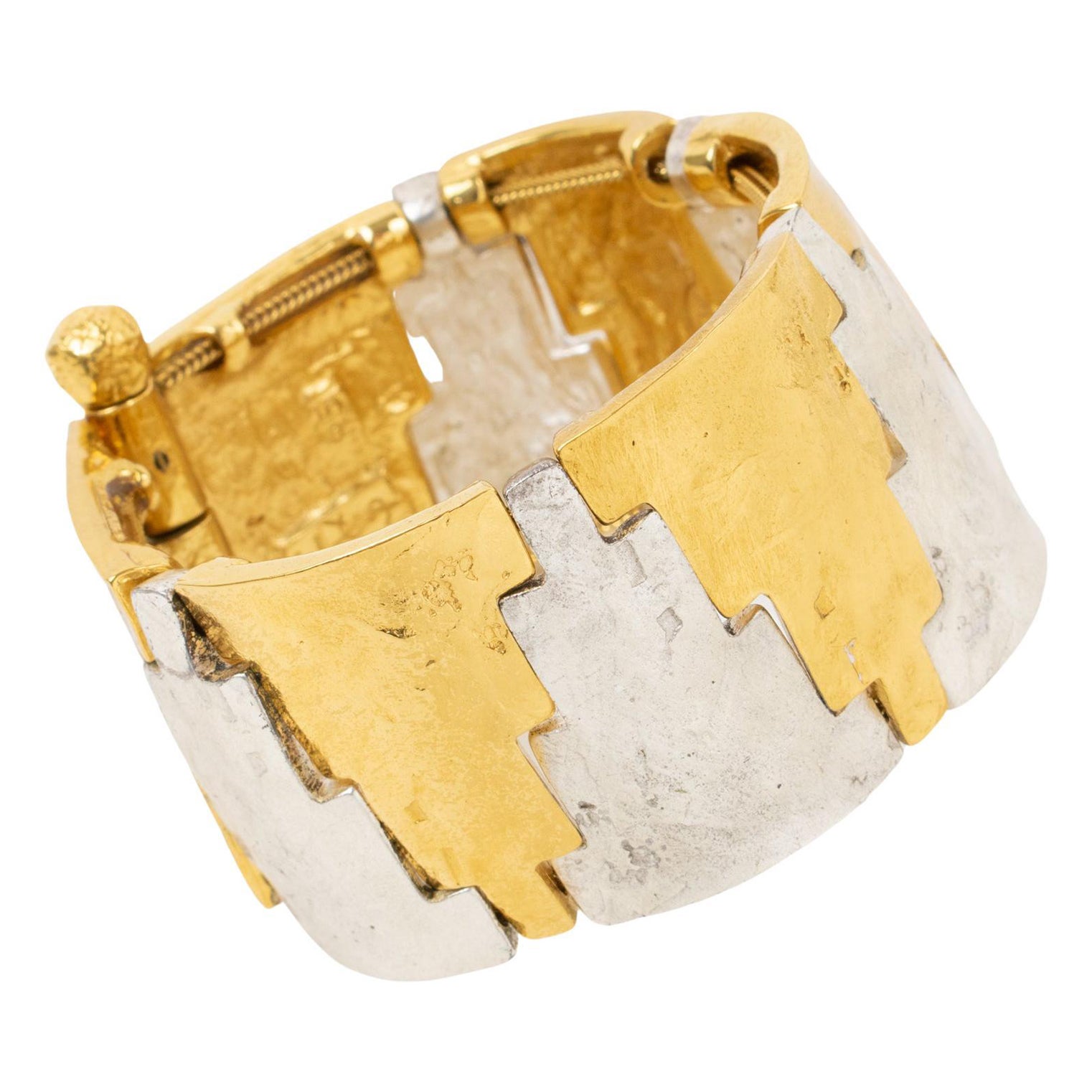 Yves Saint Laurent YSL Gilt Metal and Silver Plate Geometric Bangle Bracelet  For Sale