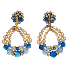 Francoise Montague Paris Blue Crystal and Pearls Dangle Clip Earrings