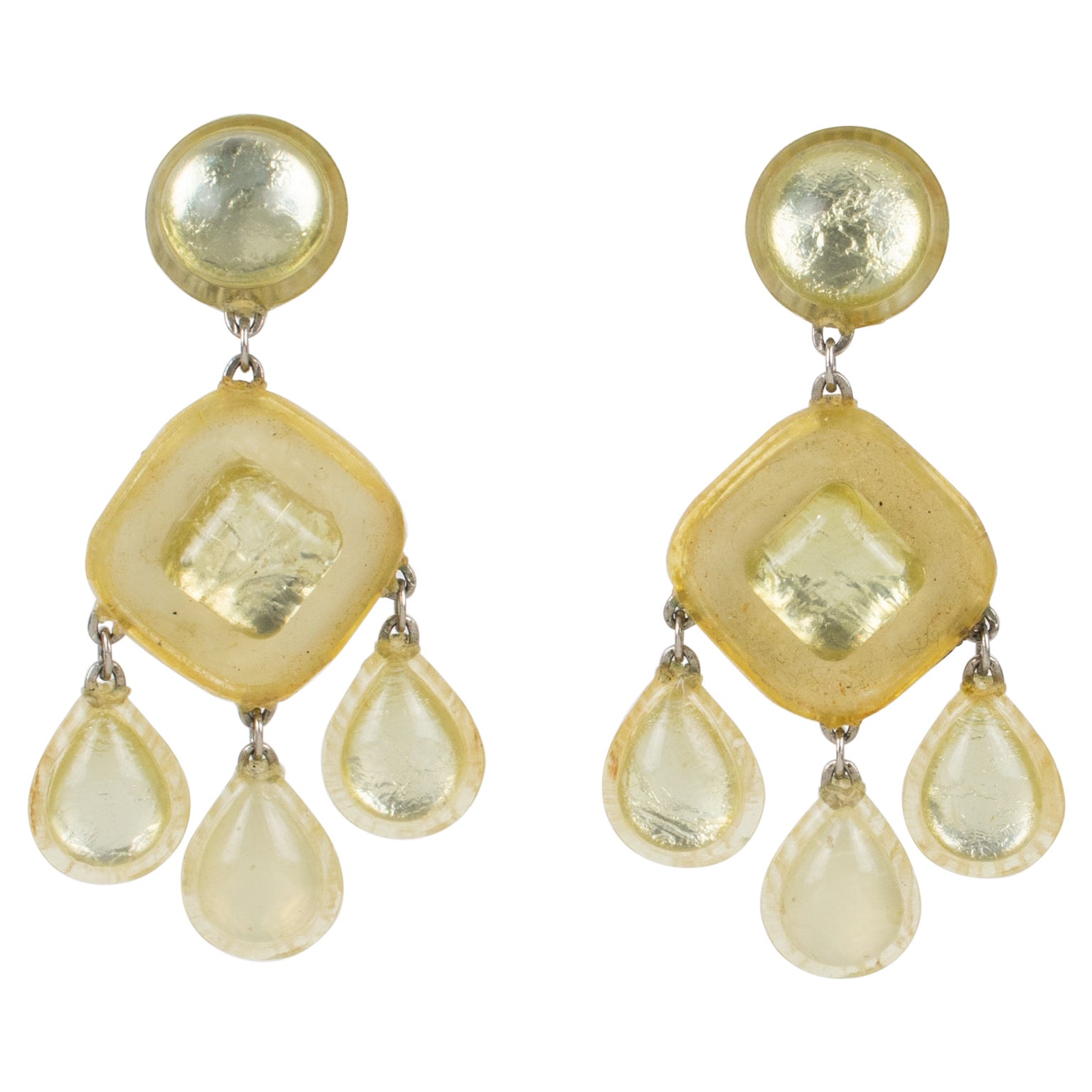 Monique Vedie, Line Vautrin Student Pale Yellow Resin Dangle Clip Earrings