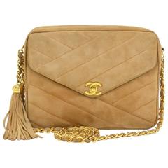 Vintage Chanel Brown Quilted Suede Leather Fringe Medium Shoulder Bag