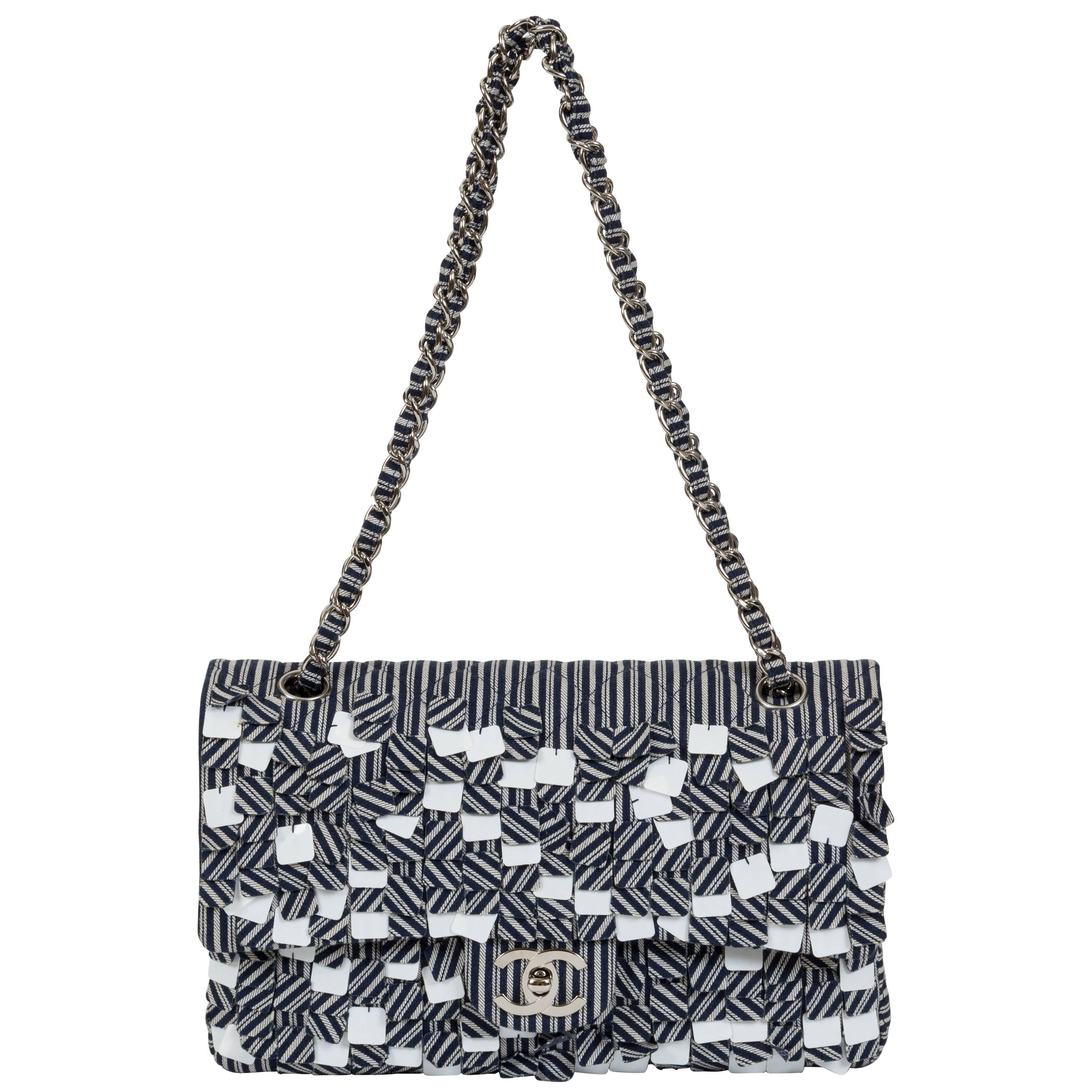 Chanel Blue White Stripe Sequin Flap Bag