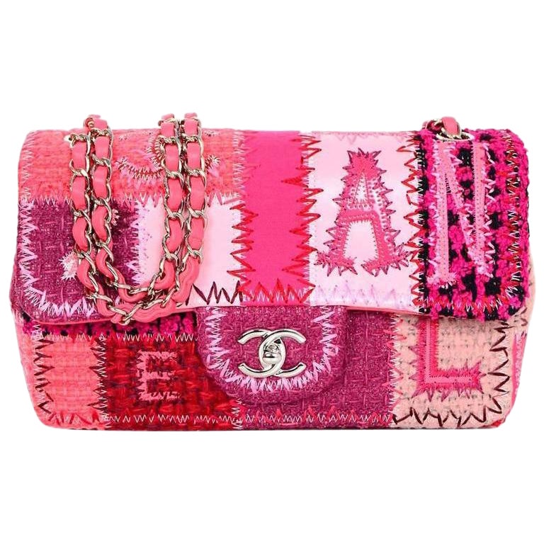 Chanel NEW Pink Canvas Patchwork Embroidery Jumbo Evening Shoulder Flap Bag