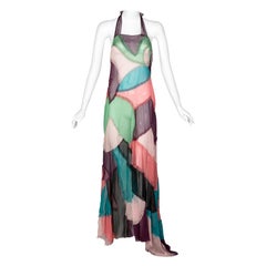 Alberta Ferretti Seide Chiffon Patchwork-Halterkleid mit offenem Rücken, 2005
