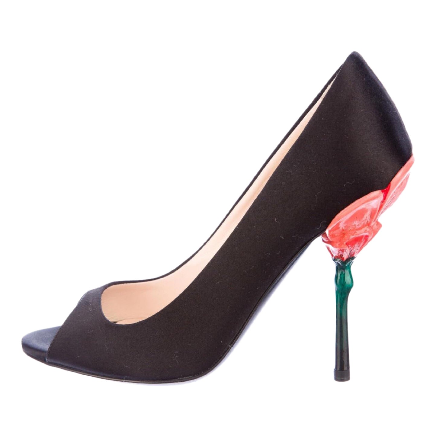 Prada Fairies Collection Noir Satin Peep Toe Sculpted Flower Heel Shoes 34.5 en vente