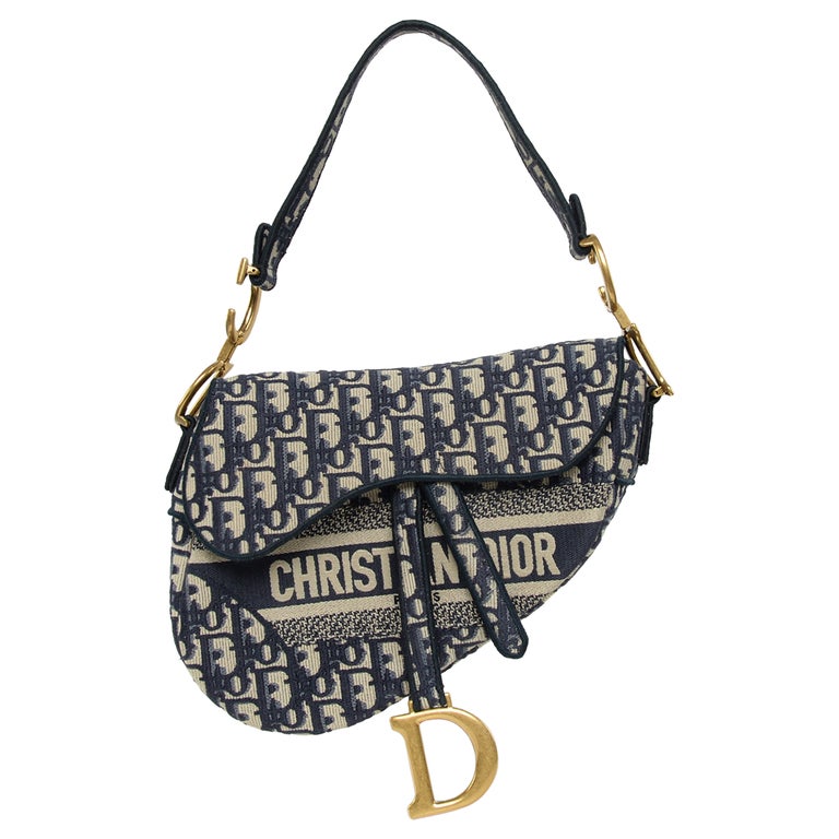 Dior Saddle Bag Blue Oblique Embroidery Full-Set at 1stDibs