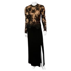 Vintage Pauline Trigere Evening Dress Black Lace and Nude Chiffon with Black Crepe Skirt