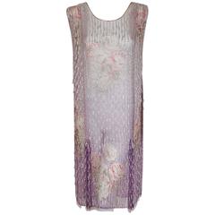 1920's Watercolor Roses Floral Garden Beaded Purple Silk-Chiffon Flapper Dress