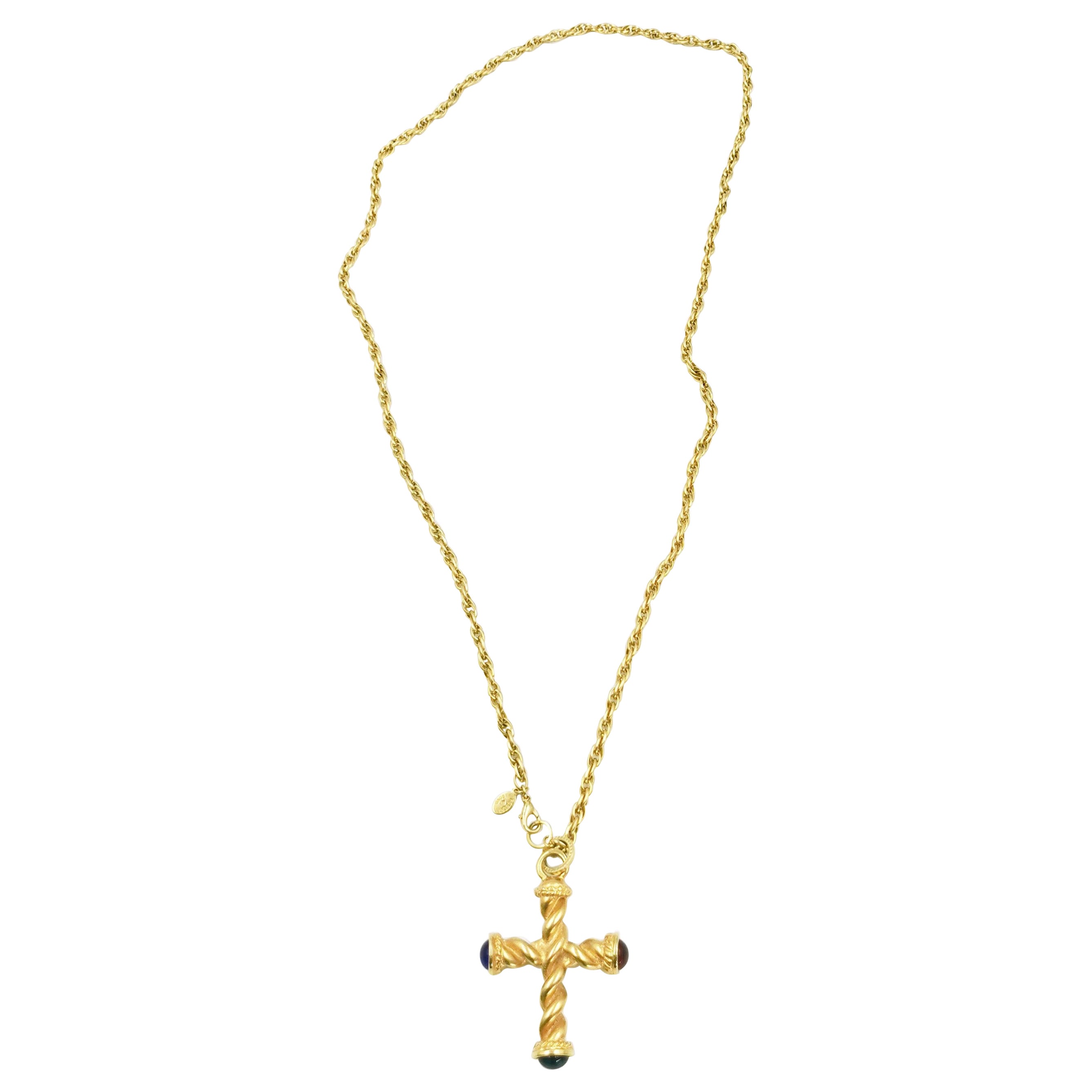 1990's Robert Rose Matt Gold Etruscan Cross Gripoix Coloured Long Chain Necklace