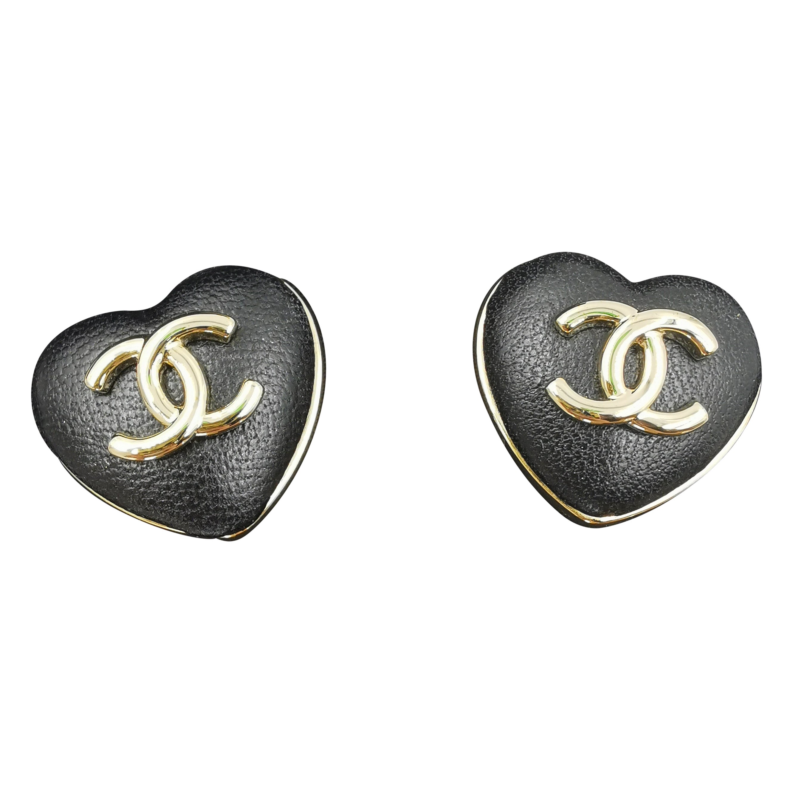 CHANEL 2022 Black Leather CC Heart Clip On Earrings Gold