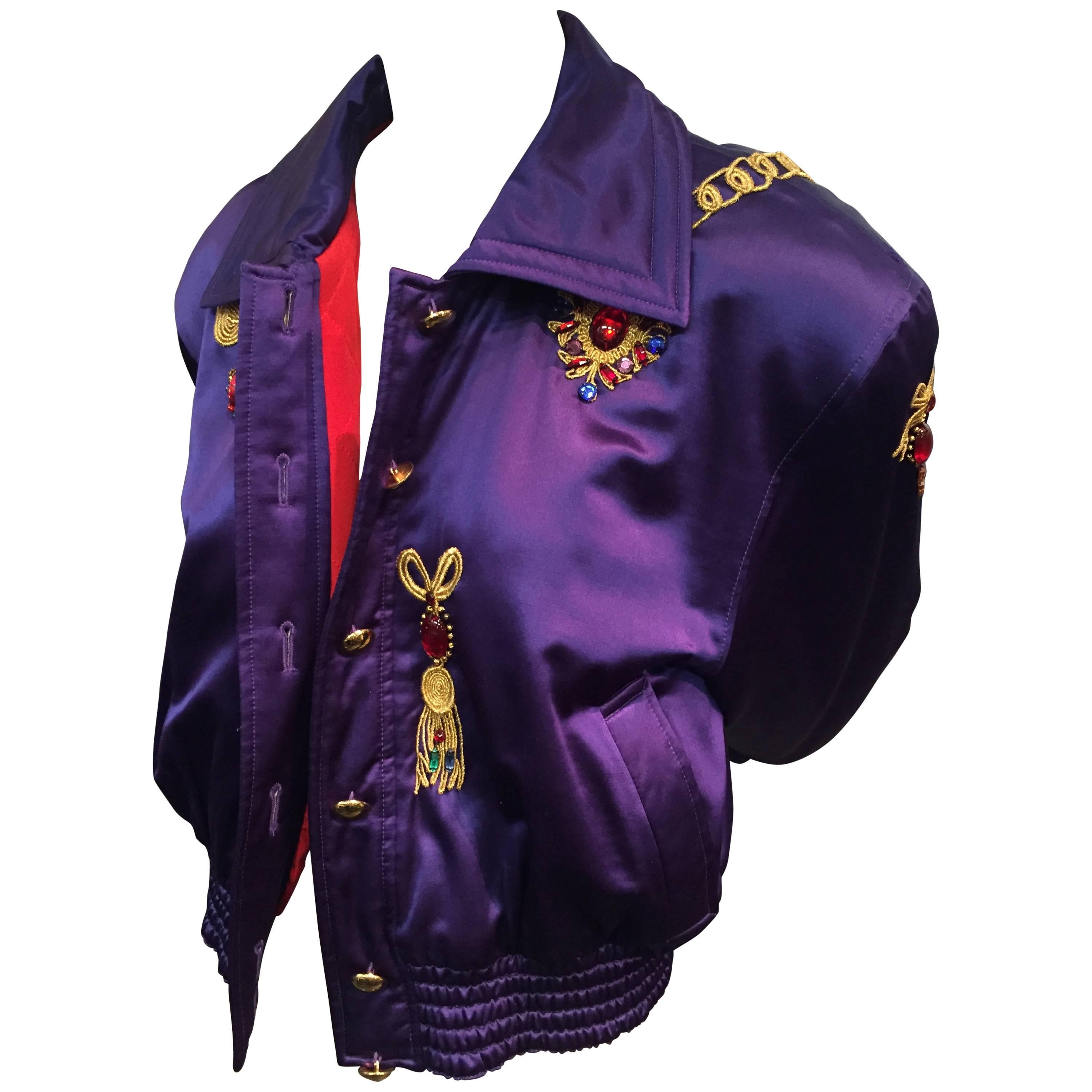 1980s Escada Purple Silk and Wool Satin Bomber Jacket w Jewel Embroidery