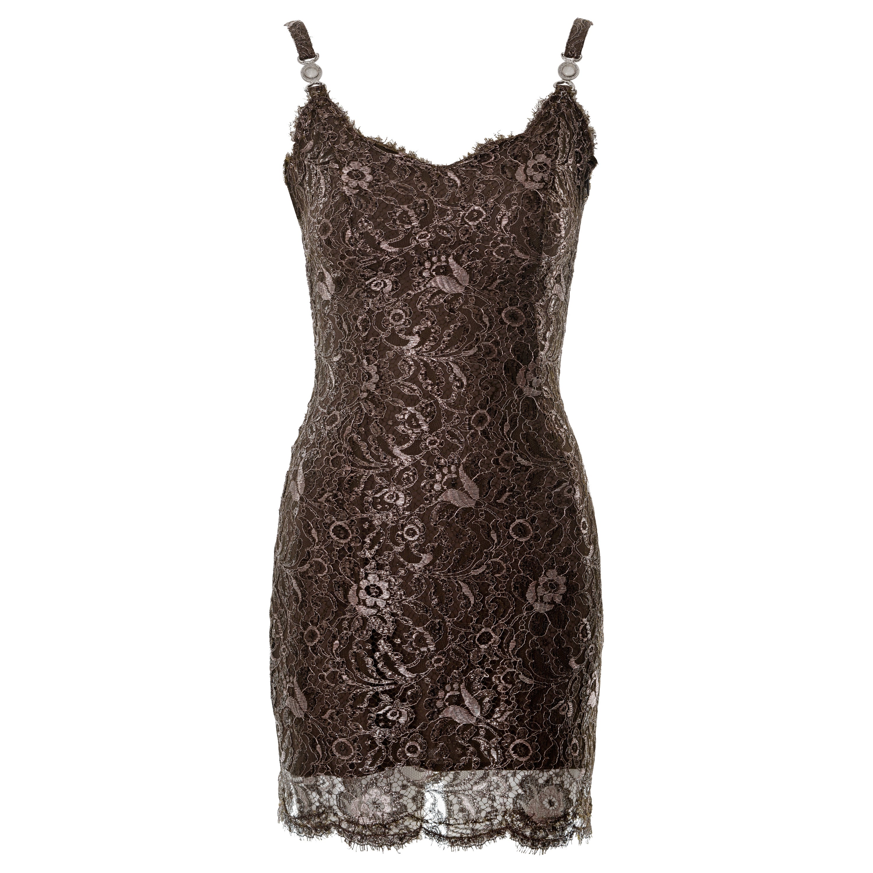 Gianni Versace metallic brown lace evening mini dress, fw 1996 For Sale