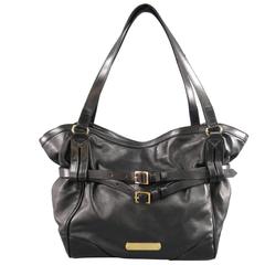 BURBERRY Black Leather Double Belted Gold Buckle Shoulder Bag